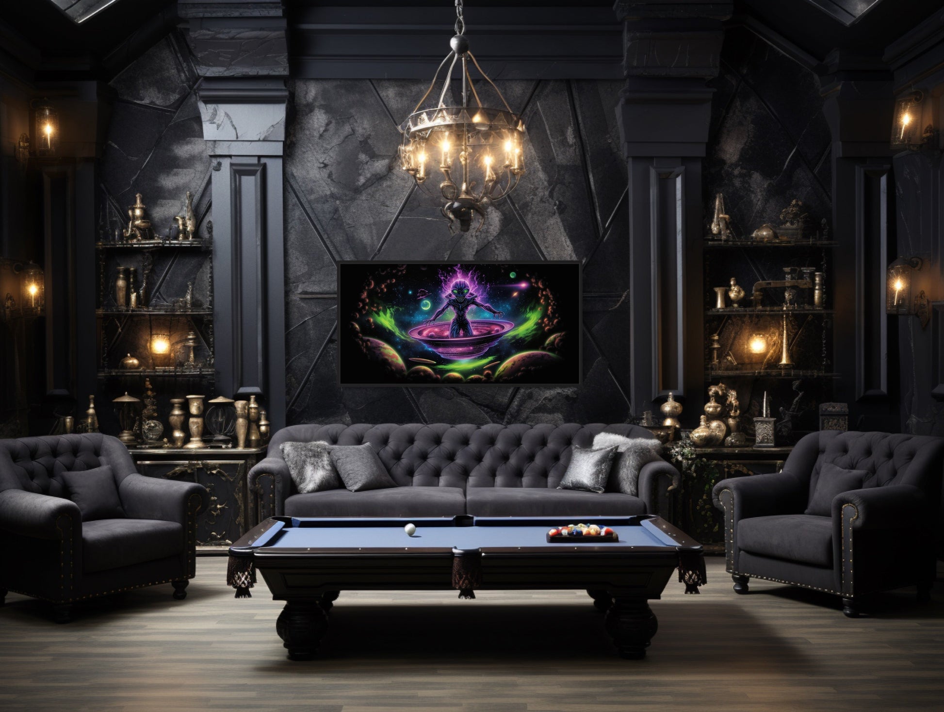 Psychedelic Alien In Flying Saucer Framed Canvas Wall Art