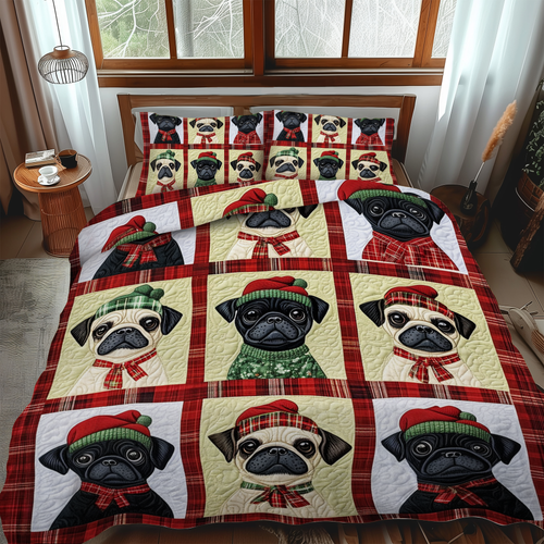 Pug Candy Cane Dreams 3-Piece Quilted Bedding Set - Single (59" x 70")