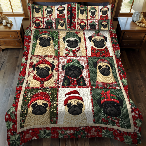 Pug Winter Wishes 3-Piece Quilted Bedding Set - Single (59" x 70")