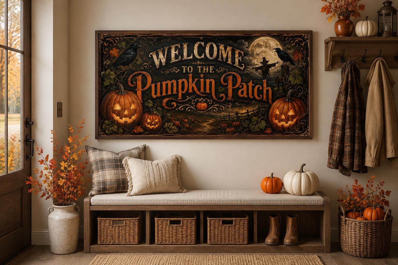 Pumpkin Patch Halloween Sign, Vintage Jack-O-Lantern Entryway Art Canvas Wall Art