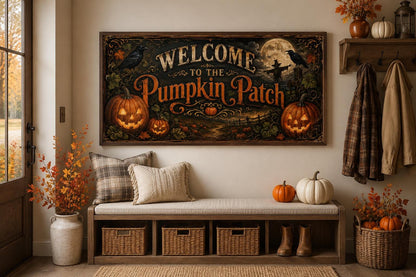 Pumpkin Patch Halloween Sign, Vintage Jack-O-Lantern Entryway Art Canvas Wall Art