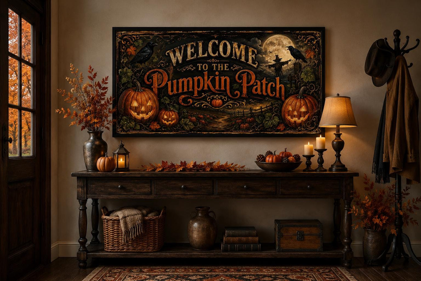 Pumpkin Patch Halloween Sign, Vintage Jack-O-Lantern Entryway Art Canvas Wall Art