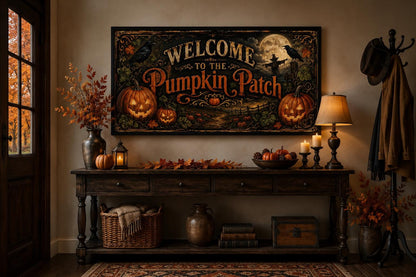 Pumpkin Patch Halloween Sign, Vintage Jack-O-Lantern Entryway Art Canvas Wall Art