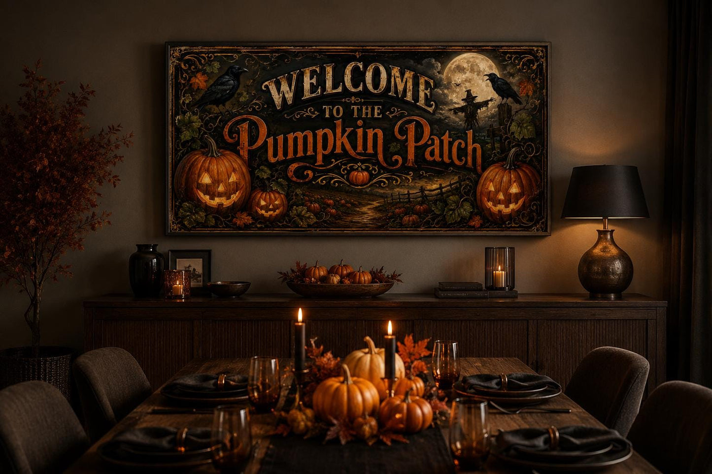Pumpkin Patch Halloween Sign, Vintage Jack-O-Lantern Entryway Art Canvas Wall Art
