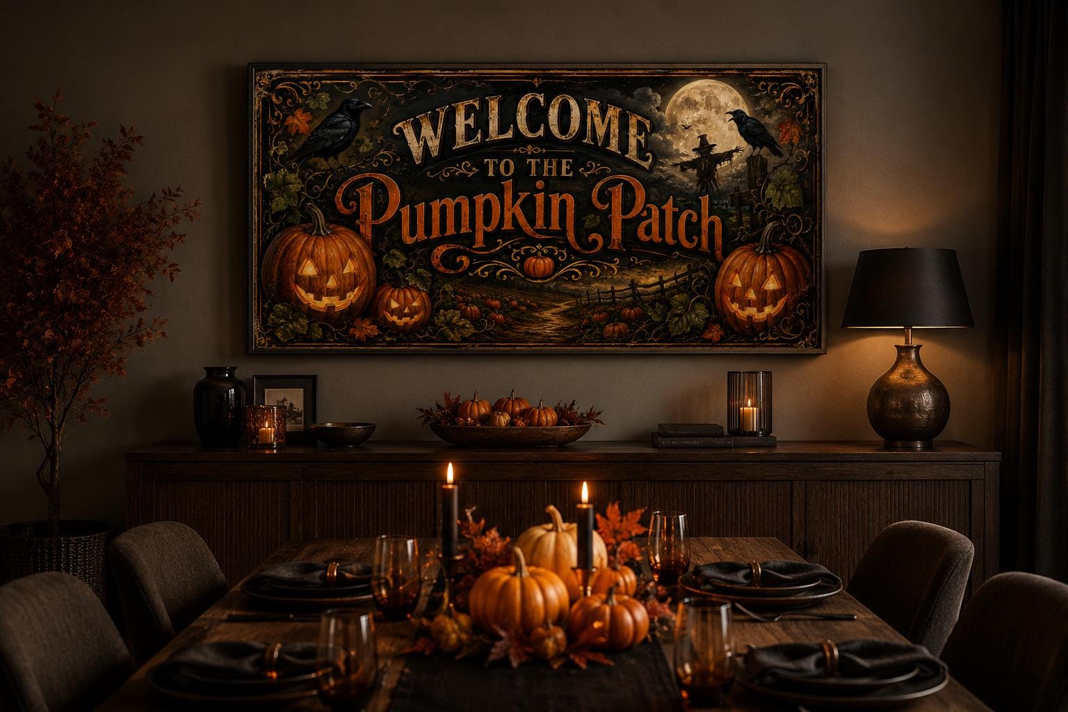 Pumpkin Patch Halloween Sign, Vintage Jack-O-Lantern Entryway Art Canvas Wall Art