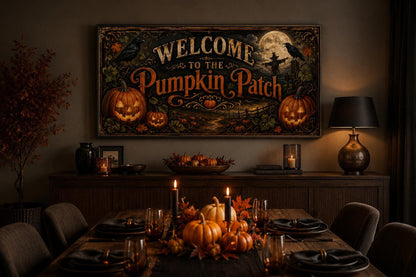 Pumpkin Patch Halloween Sign, Vintage Jack-O-Lantern Entryway Art Canvas Wall Art