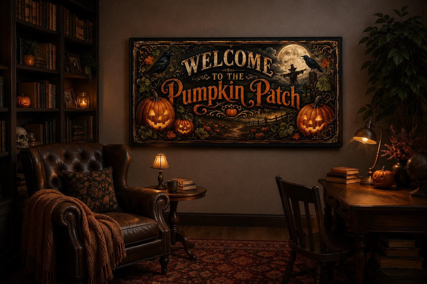 Pumpkin Patch Halloween Sign, Vintage Jack-O-Lantern Entryway Art Canvas Wall Art