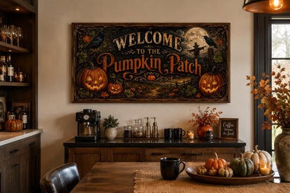Pumpkin Patch Halloween Sign, Vintage Jack-O-Lantern Entryway Art Canvas Wall Art