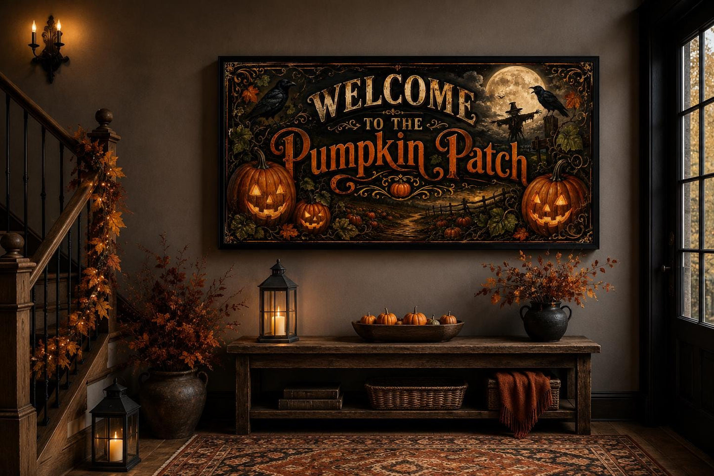 Pumpkin Patch Halloween Sign, Vintage Jack-O-Lantern Entryway Art Canvas Wall Art