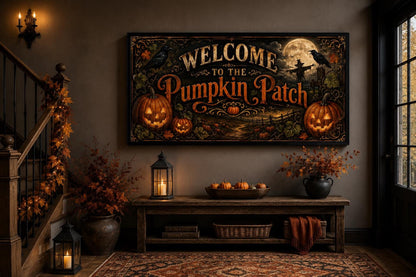 Pumpkin Patch Halloween Sign, Vintage Jack-O-Lantern Entryway Art Canvas Wall Art