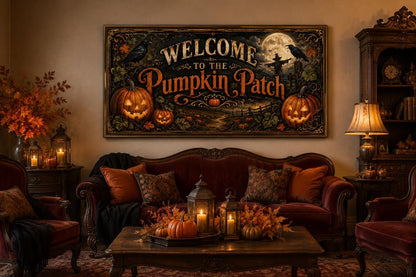 Pumpkin Patch Halloween Sign, Vintage Jack-O-Lantern Entryway Art Canvas Wall Art