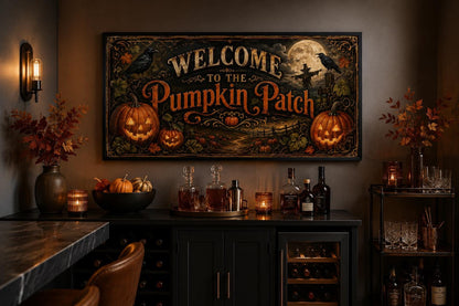 Pumpkin Patch Halloween Sign, Vintage Jack-O-Lantern Entryway Art Canvas Wall Art