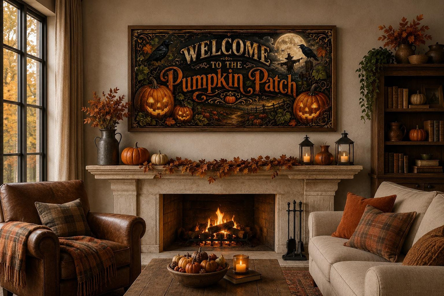 Pumpkin Patch Halloween Sign, Vintage Jack-O-Lantern Entryway Art Canvas Wall Art
