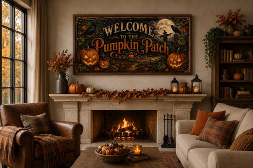 Pumpkin Patch Halloween Sign, Vintage Jack-O-Lantern Entryway Art Canvas Wall Art