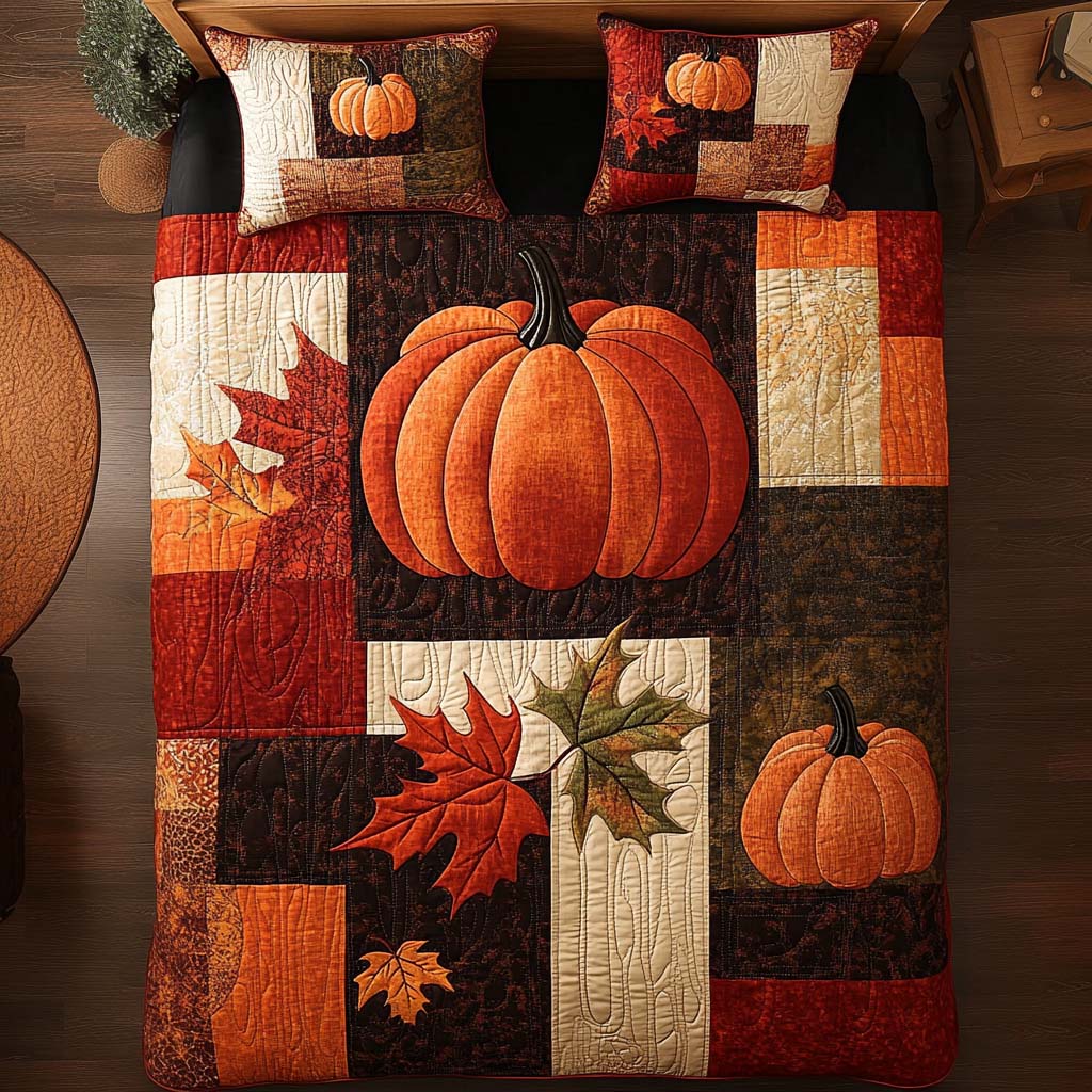 Pumpkin Harvest Cheer 3-Piece Quilted Bedding Set - Single (59" x 70")
