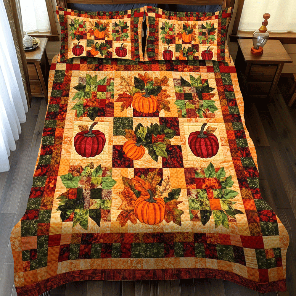 Pumpkin Patterned Thanksgiving 3-Piece Quilted Bedding Set - Single (59" x 70")