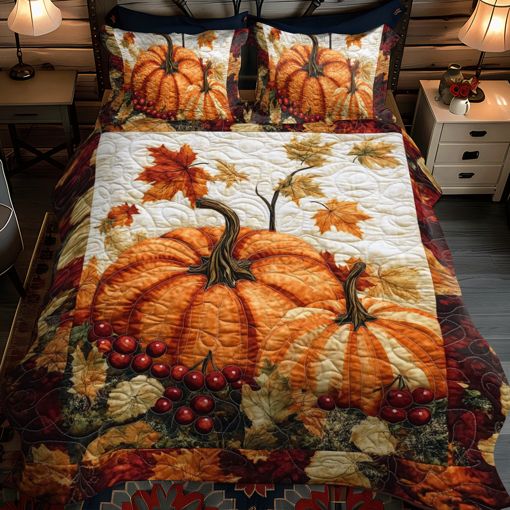 Pumpkin Thanksgiving Spirit 3-Piece Quilted Bedding Set - Single (59" x 70")