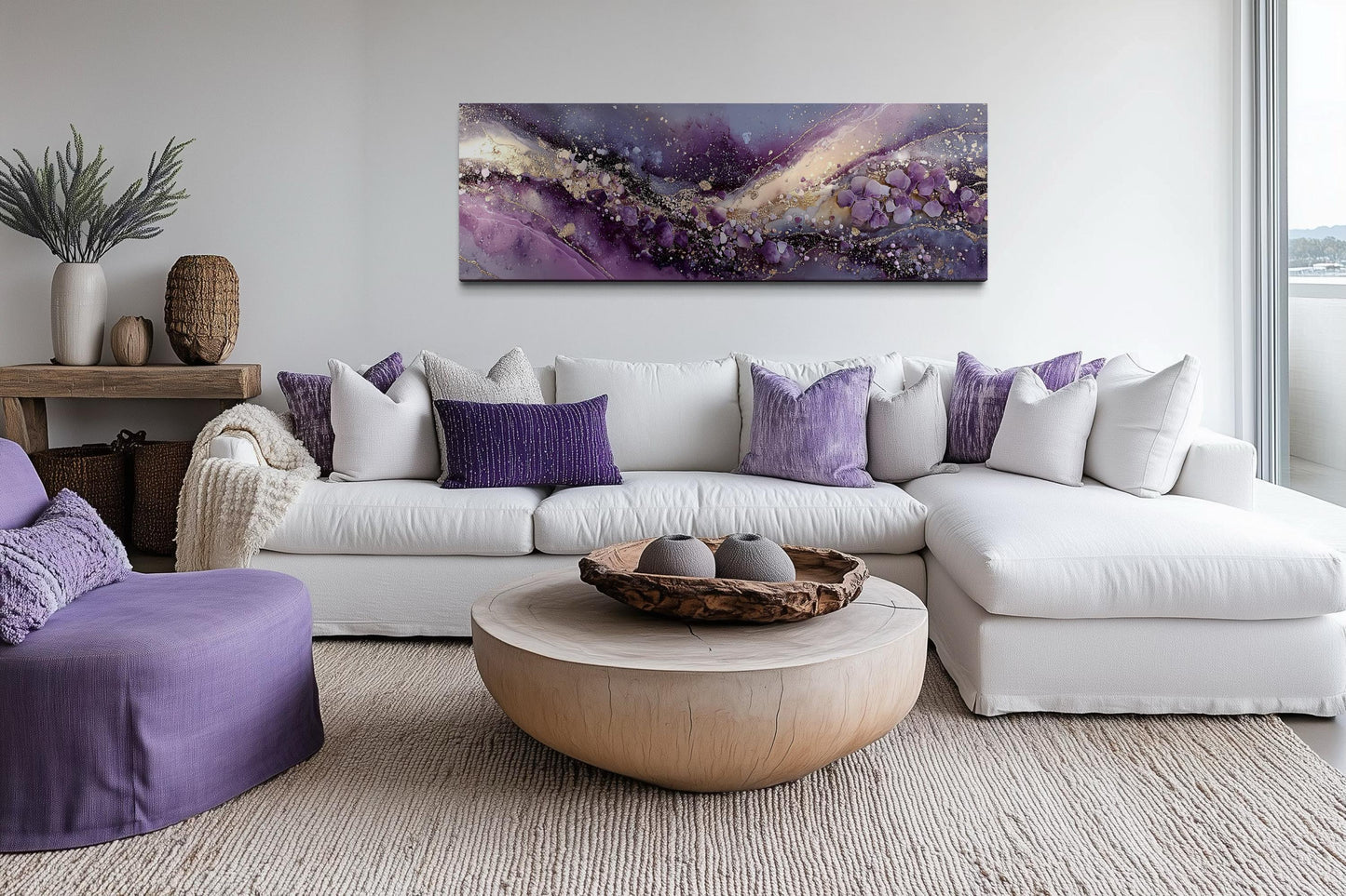 Purple Abstract Wall Art | Amethyst Fluid Landscape Canvas Print - Gold Accent Decor