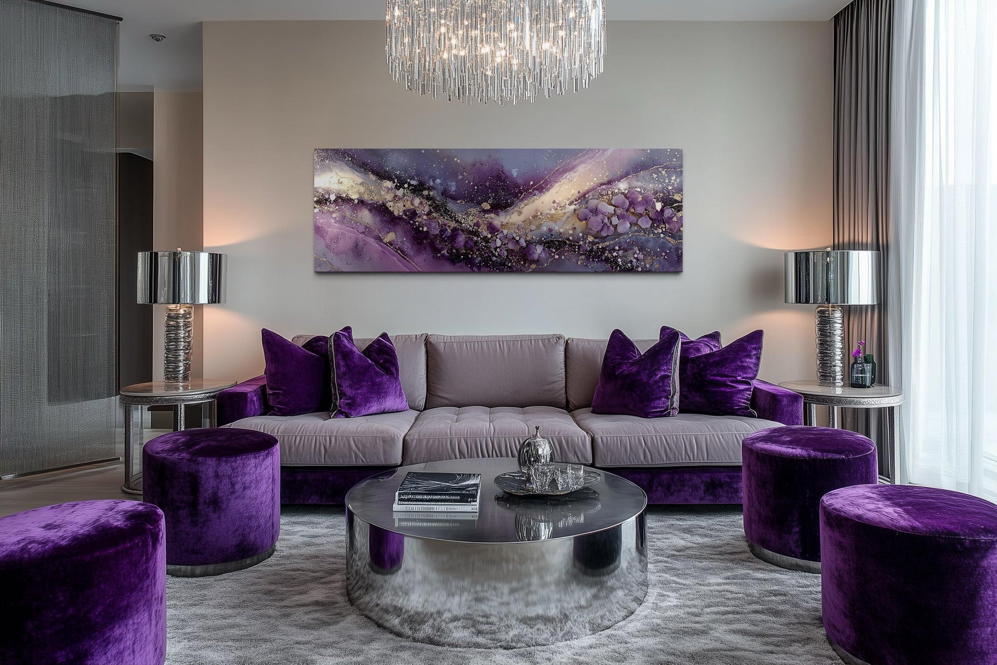 Purple Abstract Wall Art | Amethyst Fluid Landscape Canvas Print - Gold Accent Decor