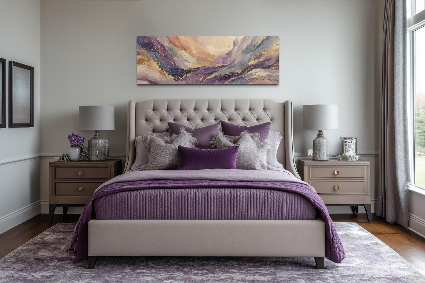 Purple Gold Marble Long Horizontal Abstract Framed Canvas Wall Art