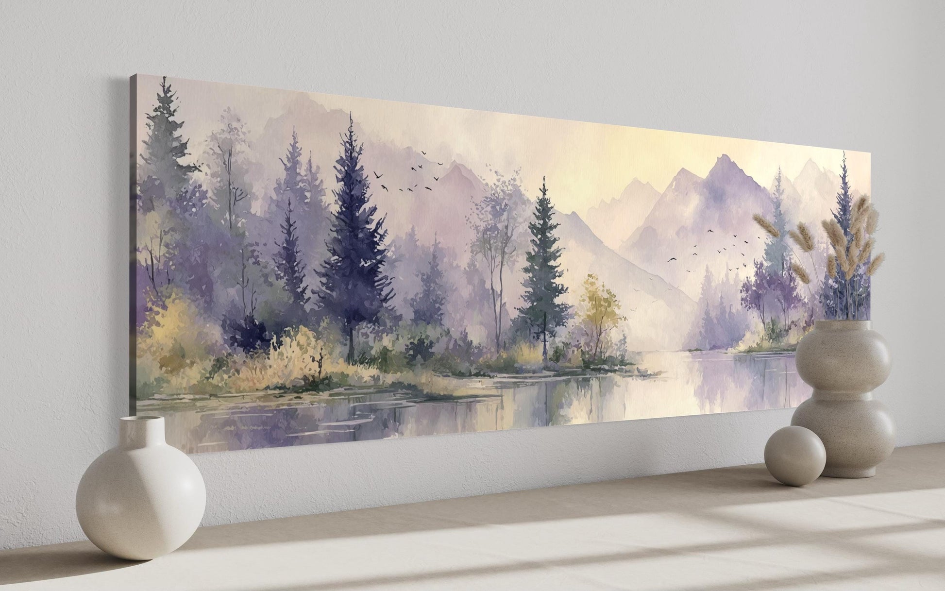 Purple Green Lavender Forest Mountain Landscape Above Bed Wall Art