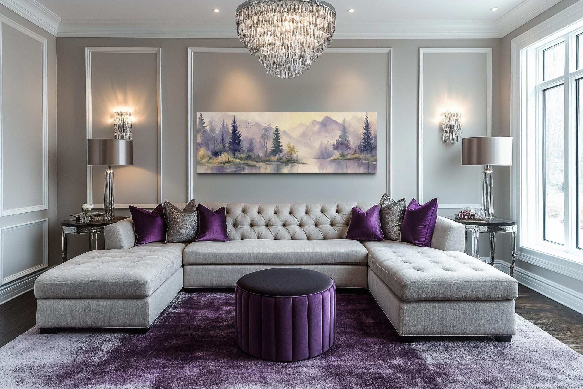 Purple Green Lavender Forest Mountain Landscape Above Bed Wall Art