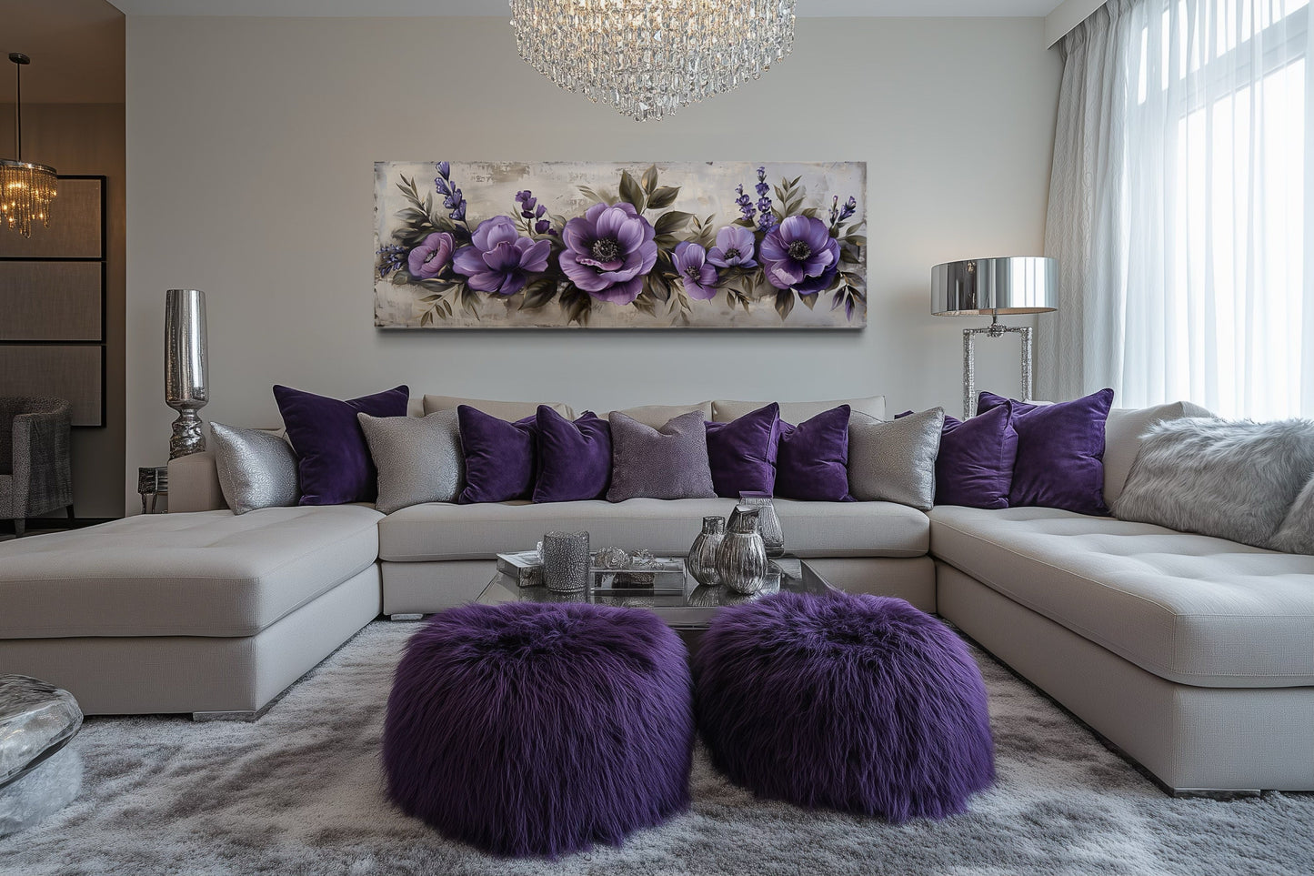 Purple Long Panoramic Antique Flowers Framed Canvas Wall Art Above Bed
