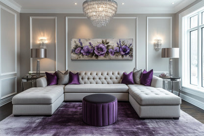 Purple Long Panoramic Antique Flowers Framed Canvas Wall Art Above Bed
