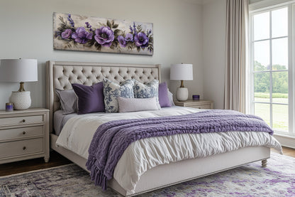 Purple Long Panoramic Antique Flowers Framed Canvas Wall Art Above Bed