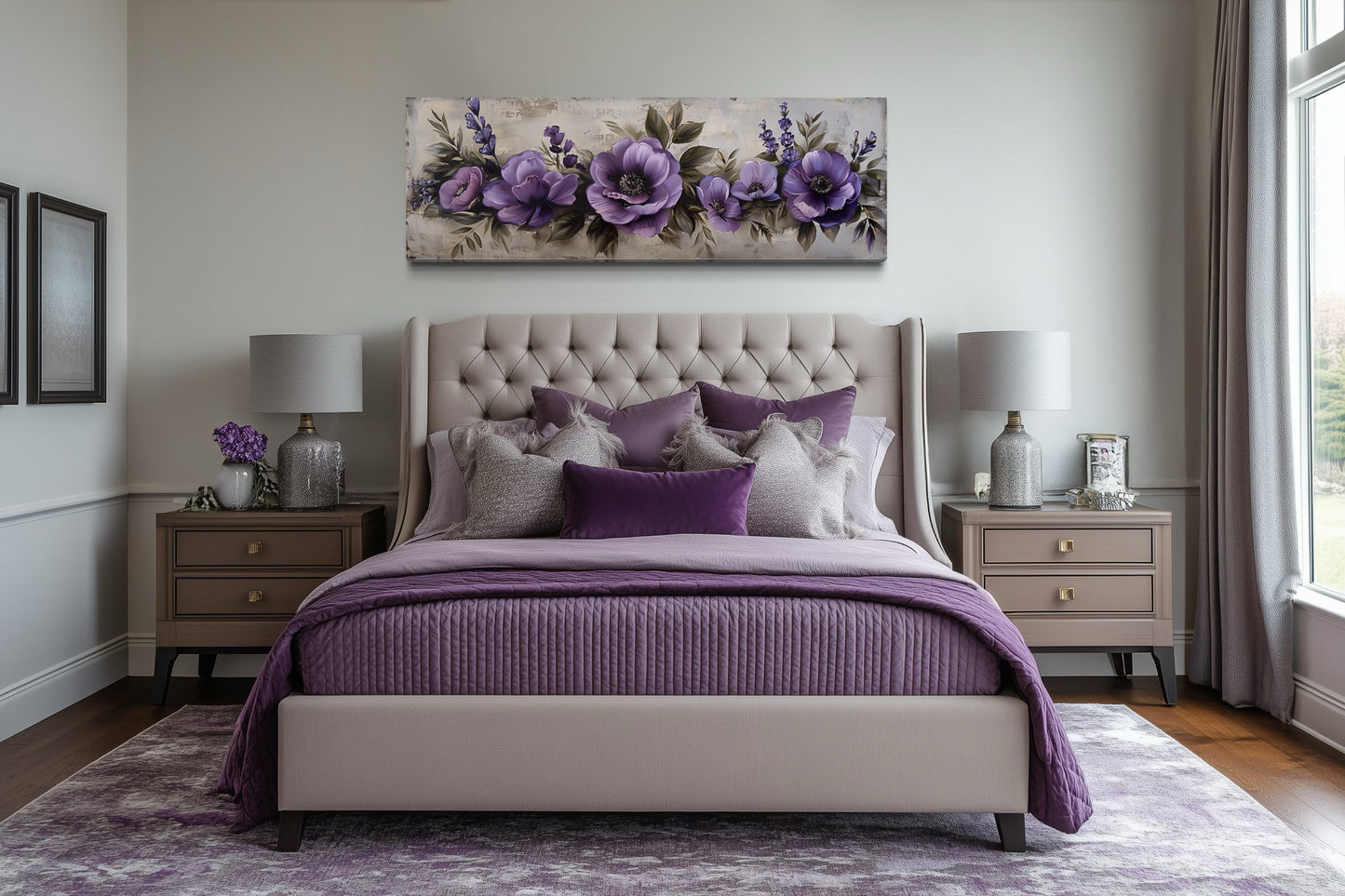 Purple Long Panoramic Antique Flowers Framed Canvas Wall Art Above Bed