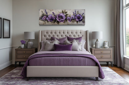 Purple Long Panoramic Antique Flowers Framed Canvas Wall Art Above Bed