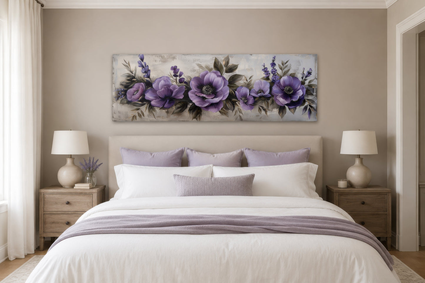 Purple Long Panoramic Antique Flowers Framed Canvas Wall Art Above Bed