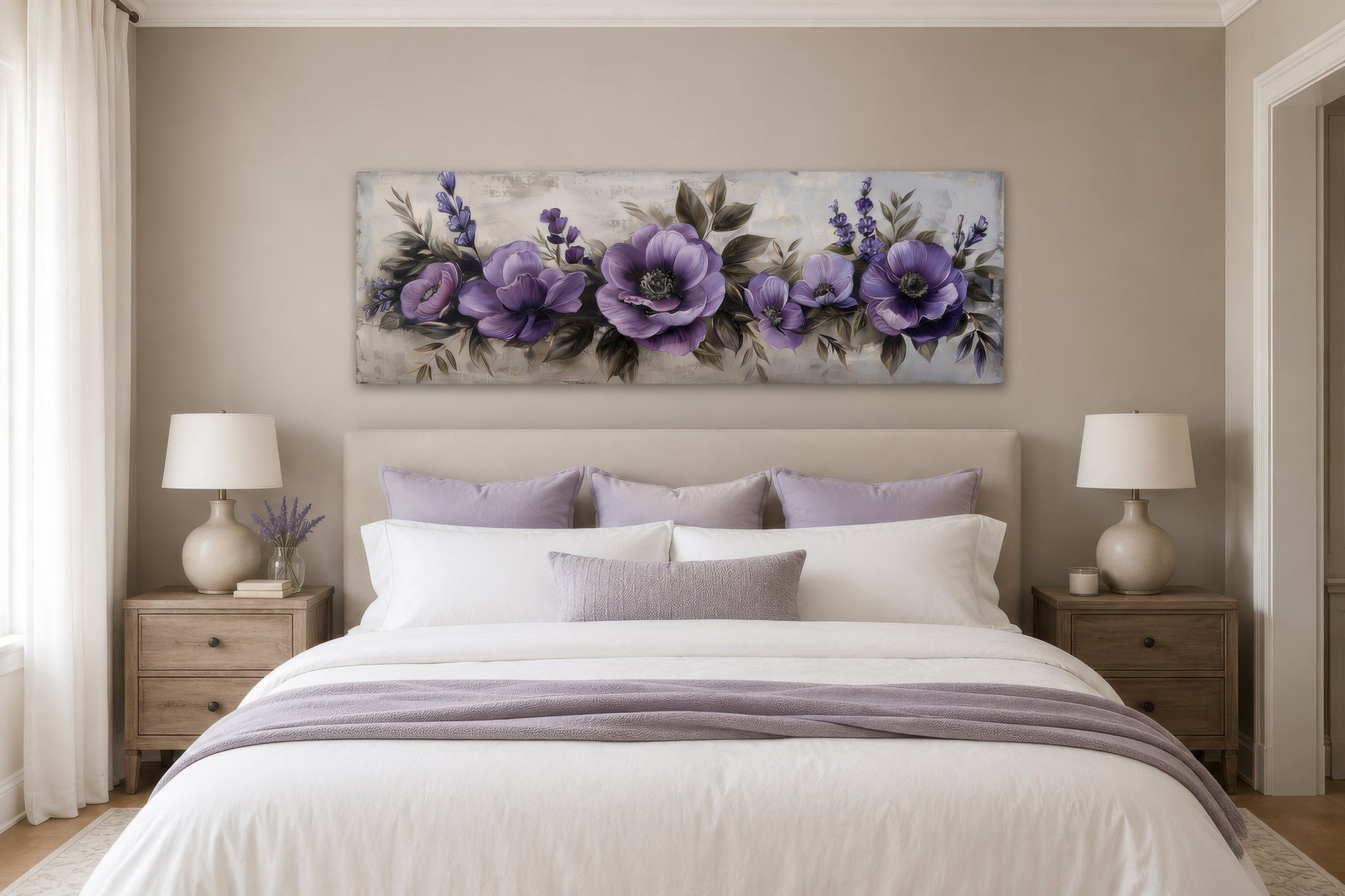 Purple Long Panoramic Antique Flowers Framed Canvas Wall Art Above Bed