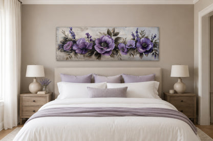 Purple Long Panoramic Antique Flowers Framed Canvas Wall Art Above Bed