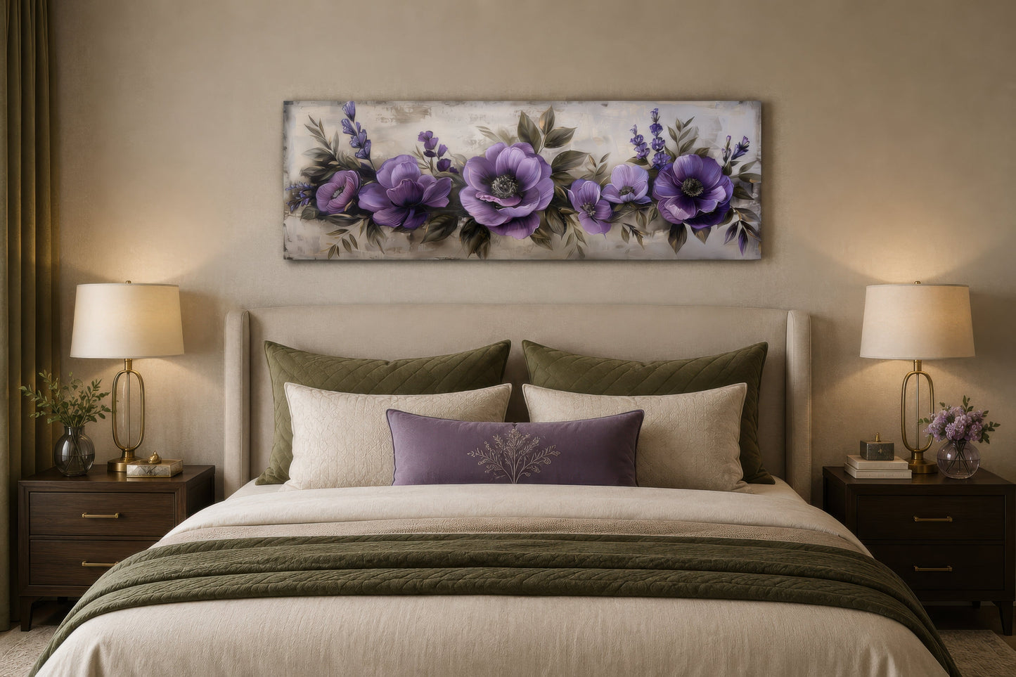 Purple Long Panoramic Antique Flowers Framed Canvas Wall Art Above Bed