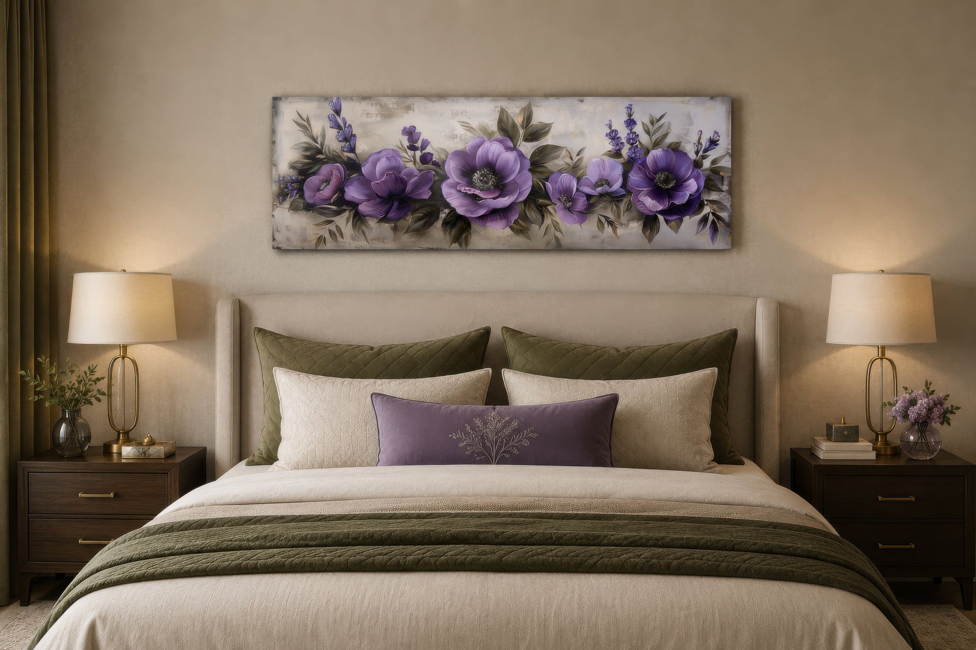 Purple Long Panoramic Antique Flowers Framed Canvas Wall Art Above Bed
