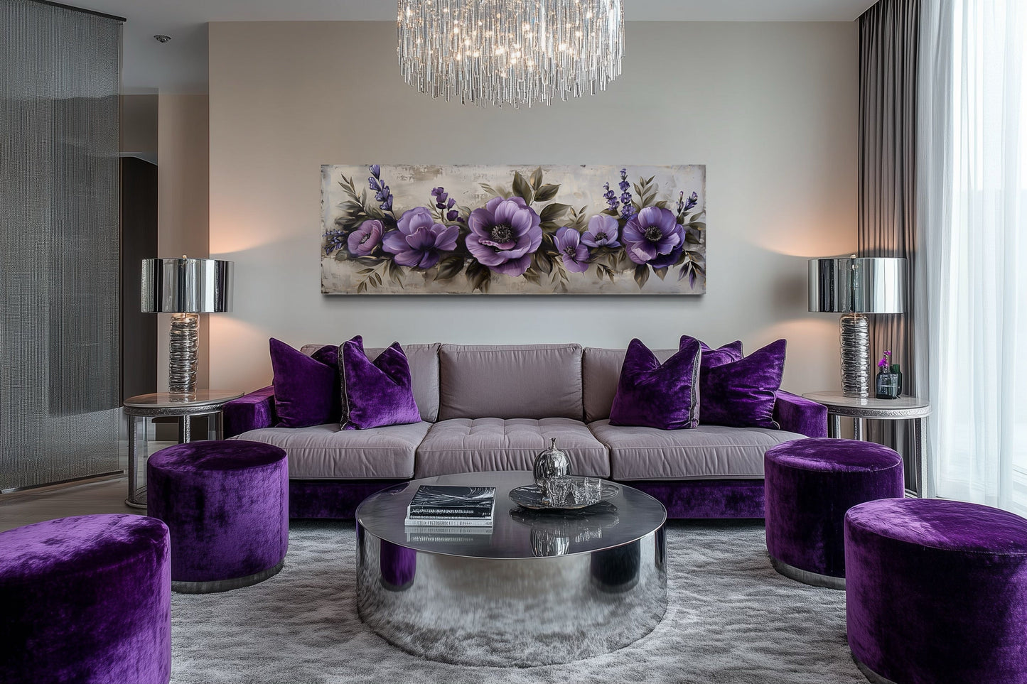 Purple Long Panoramic Antique Flowers Framed Canvas Wall Art Above Bed
