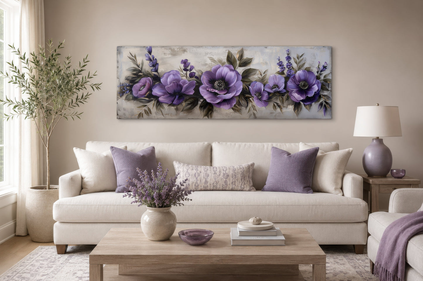 Purple Long Panoramic Antique Flowers Framed Canvas Wall Art Above Bed
