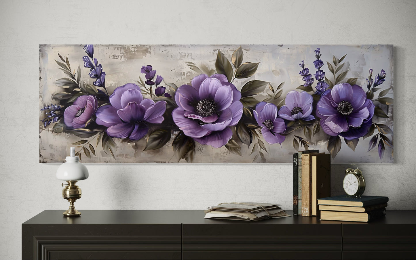Purple Long Panoramic Antique Flowers Framed Canvas Wall Art Above Bed