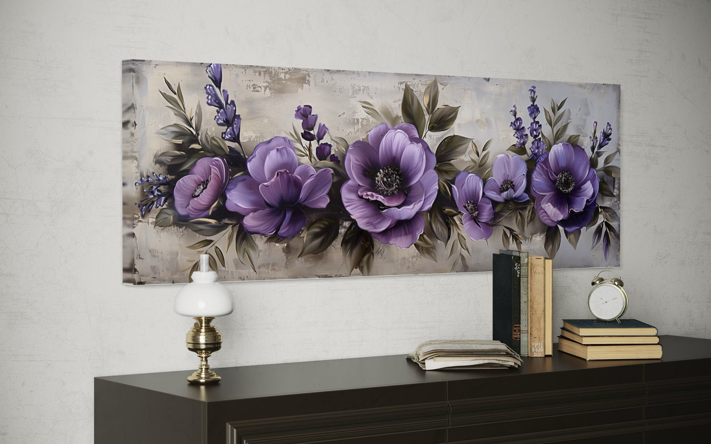 Purple Long Panoramic Antique Flowers Framed Canvas Wall Art Above Bed