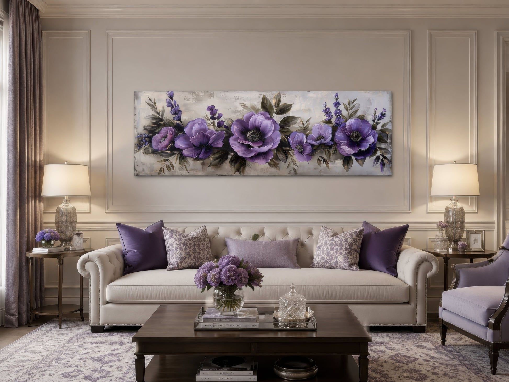 Purple Long Panoramic Antique Flowers Framed Canvas Wall Art Above Bed