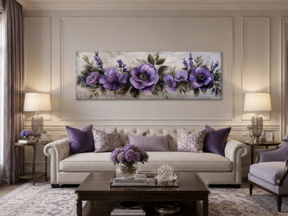 Purple Long Panoramic Antique Flowers Framed Canvas Wall Art Above Bed
