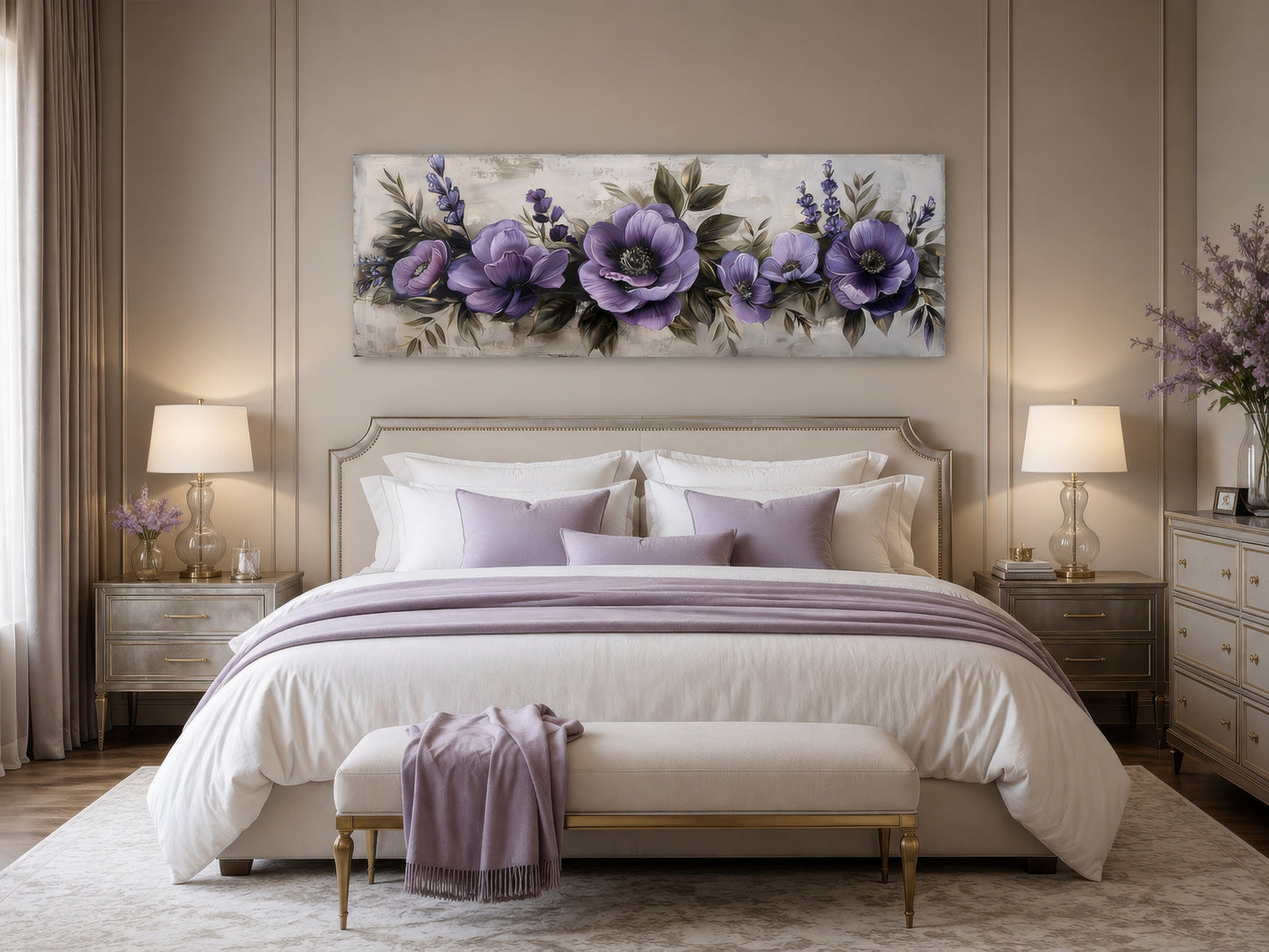 Purple Long Panoramic Antique Flowers Framed Canvas Wall Art Above Bed