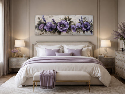 Purple Long Panoramic Antique Flowers Framed Canvas Wall Art Above Bed