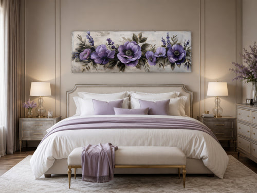 Purple Long Panoramic Antique Flowers Framed Canvas Wall Art Above Bed