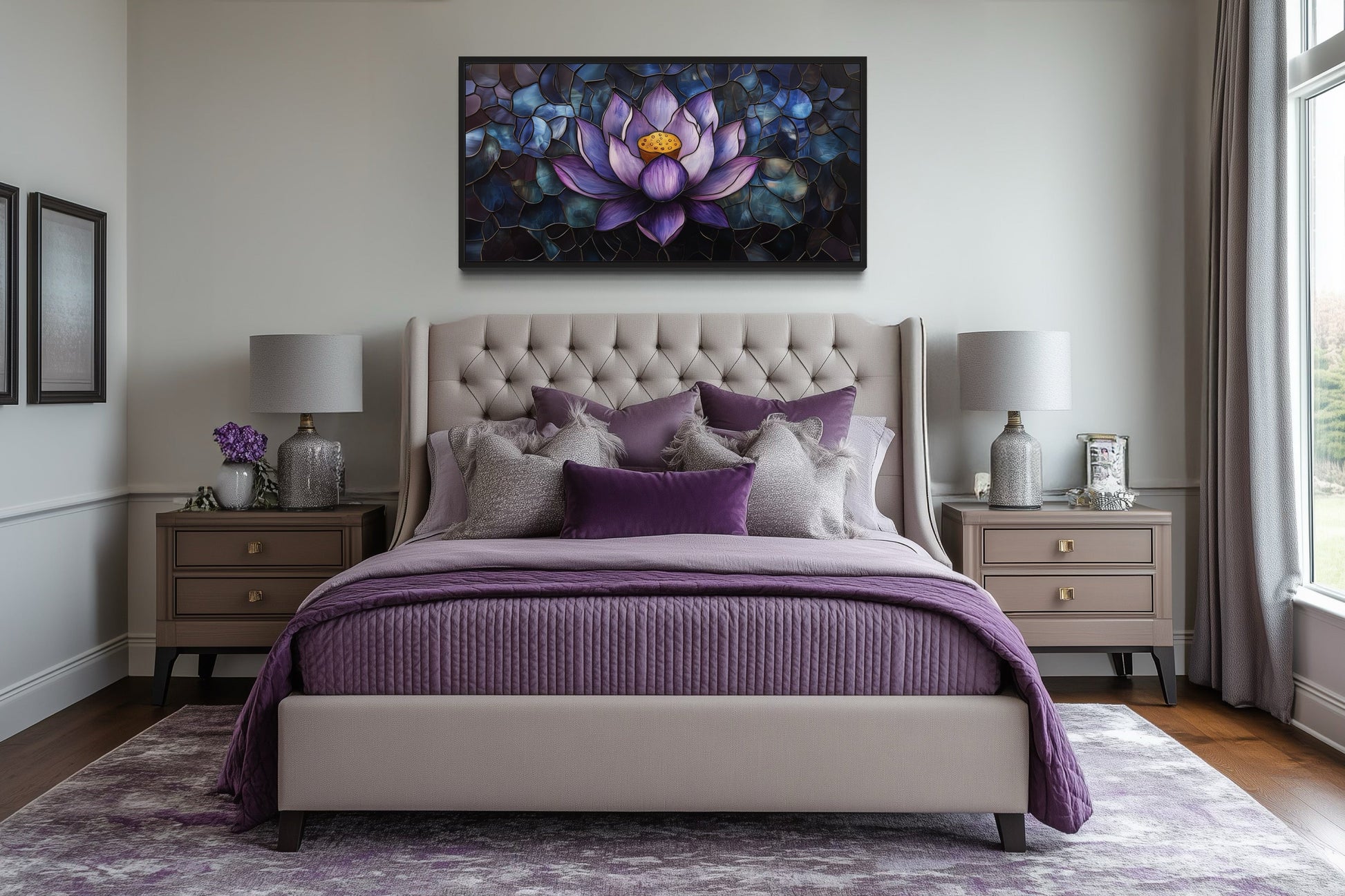 Purple Lotus Flower Stained Glass Style Framed Canvas Wall Art