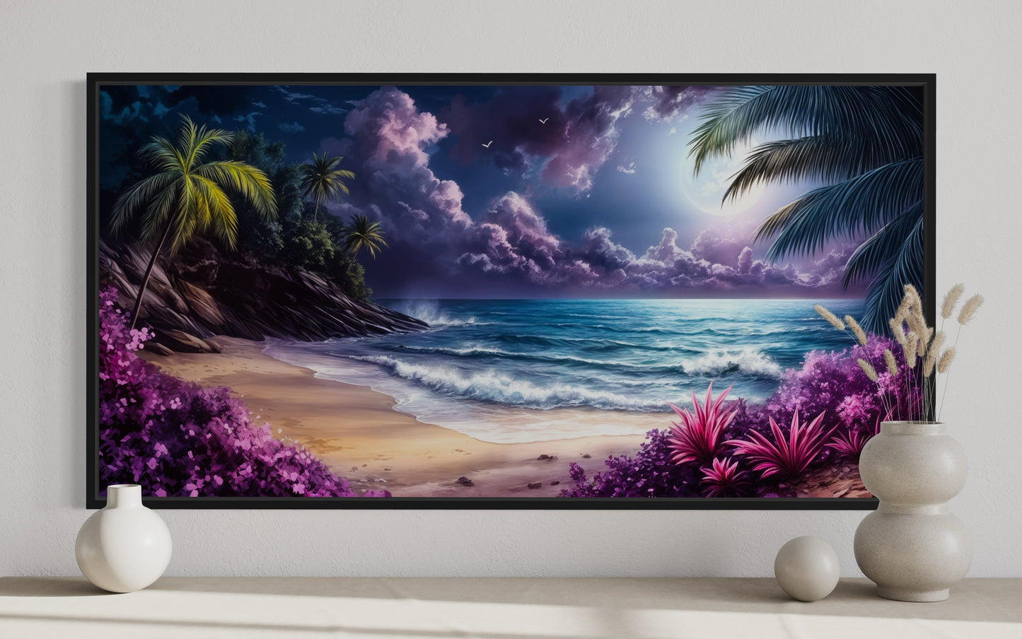 Purple Ocean Beach At Night With Moon Framed Canvas Wall Art