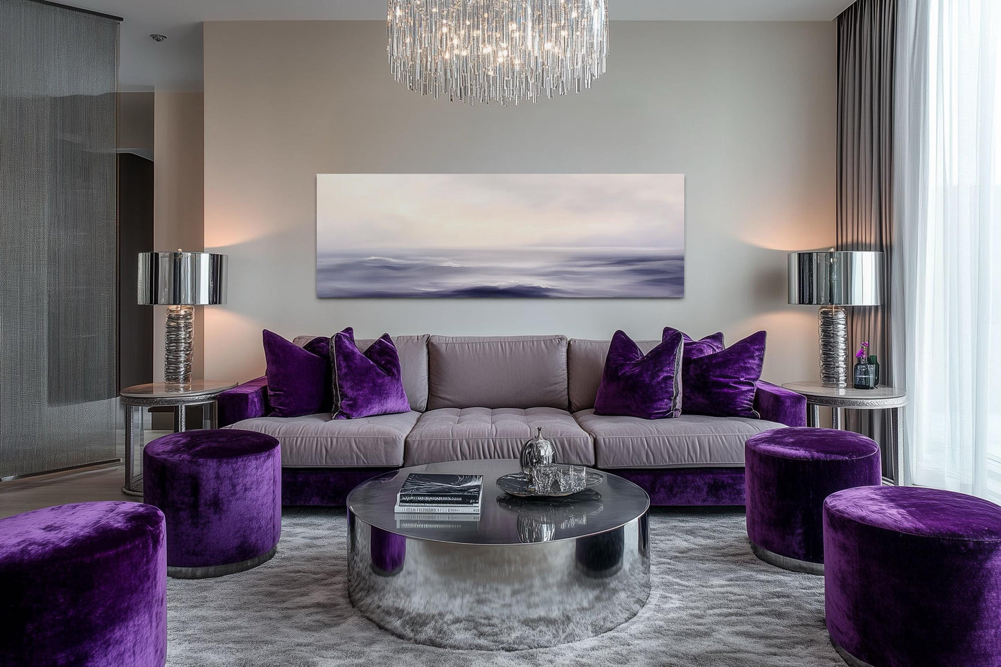 Purple Ocean Waves Long Horizontal Coastal Canvas Wall Art