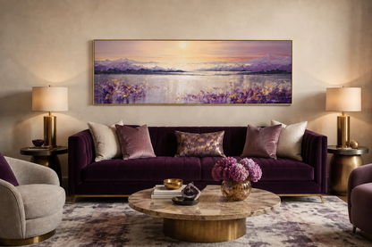 Purple Mountain Lake Sunset Painting long Horizontal Wall Art