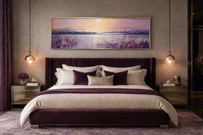 Purple Mountain Lake Sunset Painting long Horizontal Wall Art